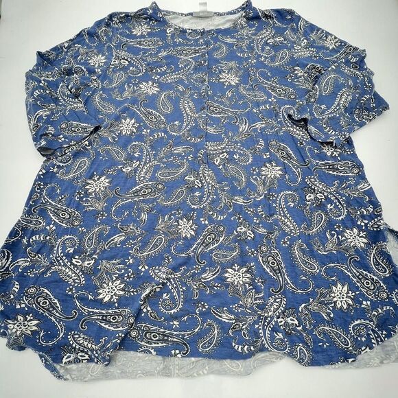 J. JILL Blouse L Tunic Paisley Floral Scoop Neck Button Front 3/4 Sleeve Blue - Picture 1 of 4